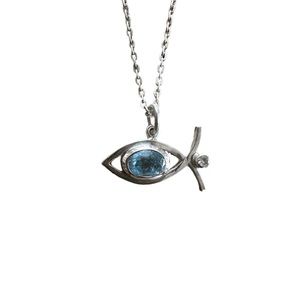 Handcrafted 925 Silver Christian Fish Necklace, w/Blue Topaz&White Sapphire